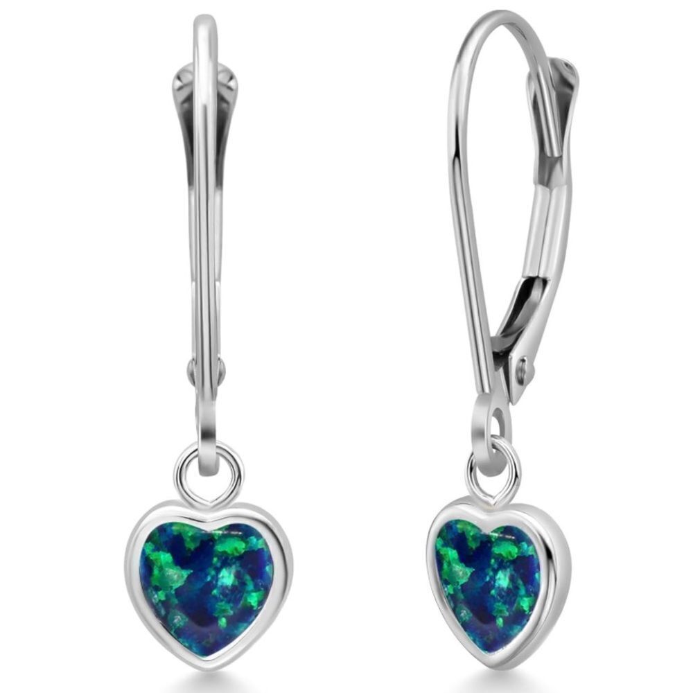 925 Sterling Silver 1.50 Cttw Green Opal Heart Leverback Drop Earrings